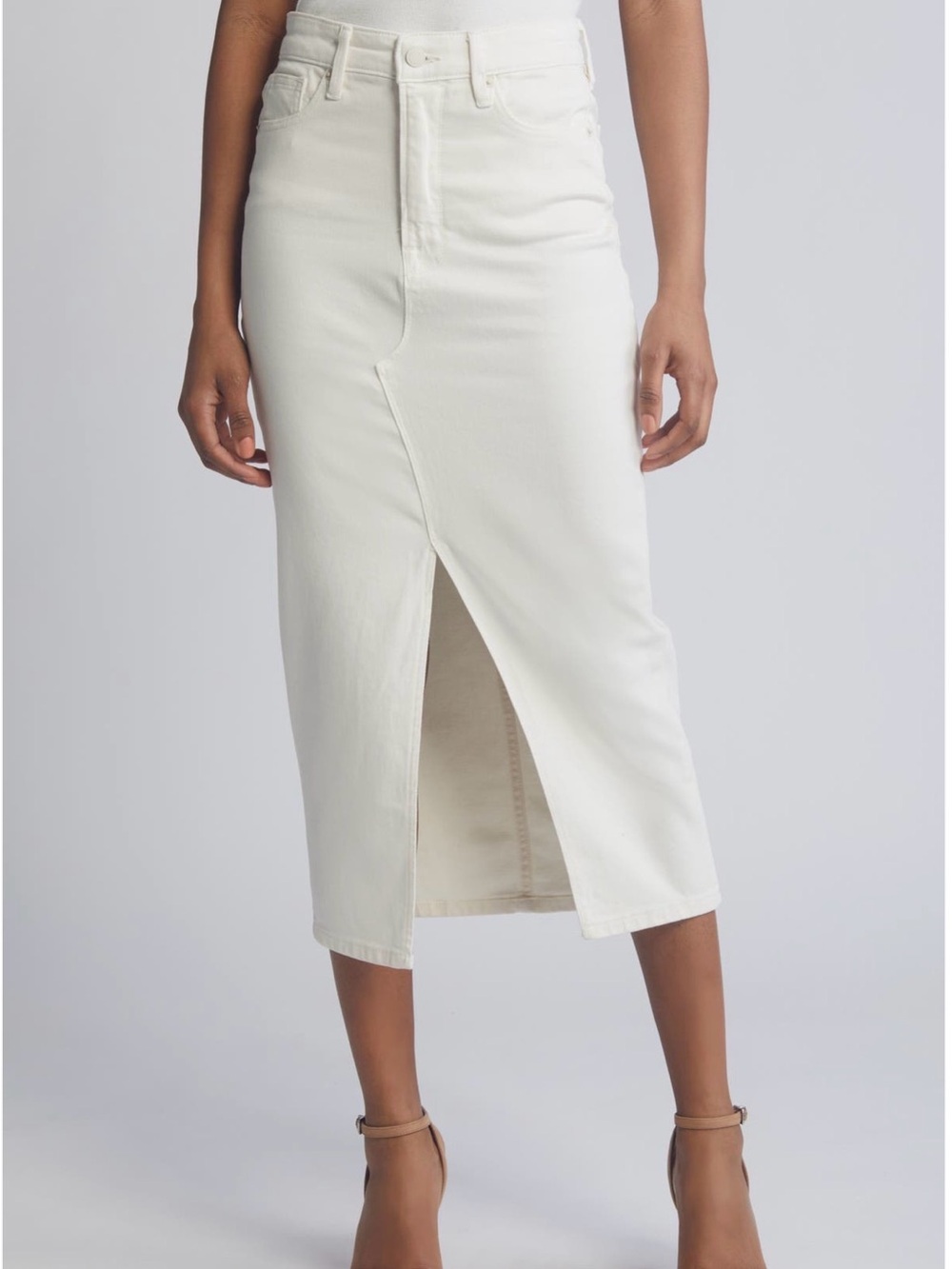 Good American Cream High-Rise Midi Pencil Skirt with Front Slit